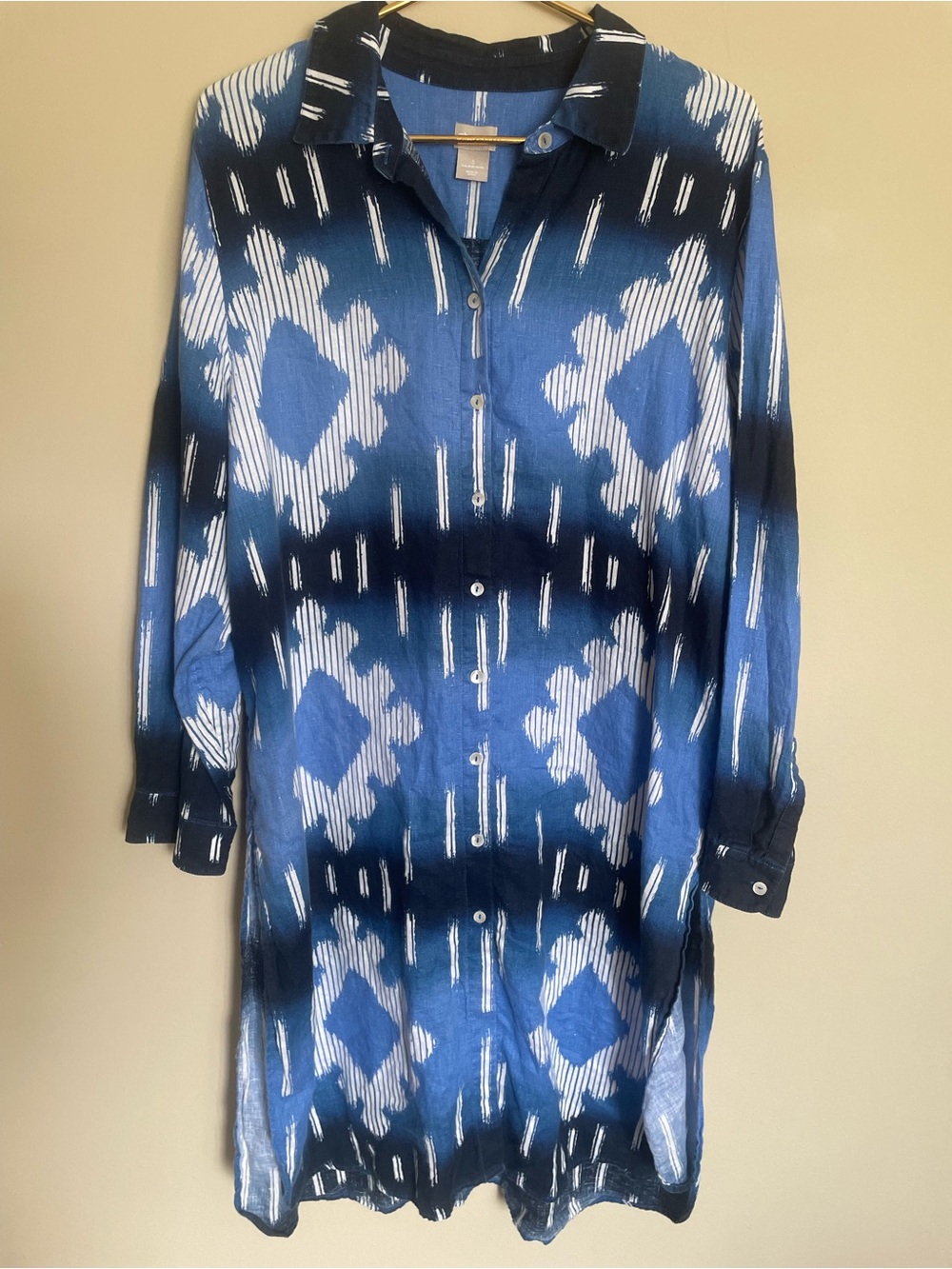 Chico’s Blue Ikat-Print Button-Front Shirt Dress Size 16/18